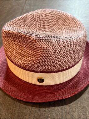 Montique Straw Fedora Hat Burgundy and Cream Sz L